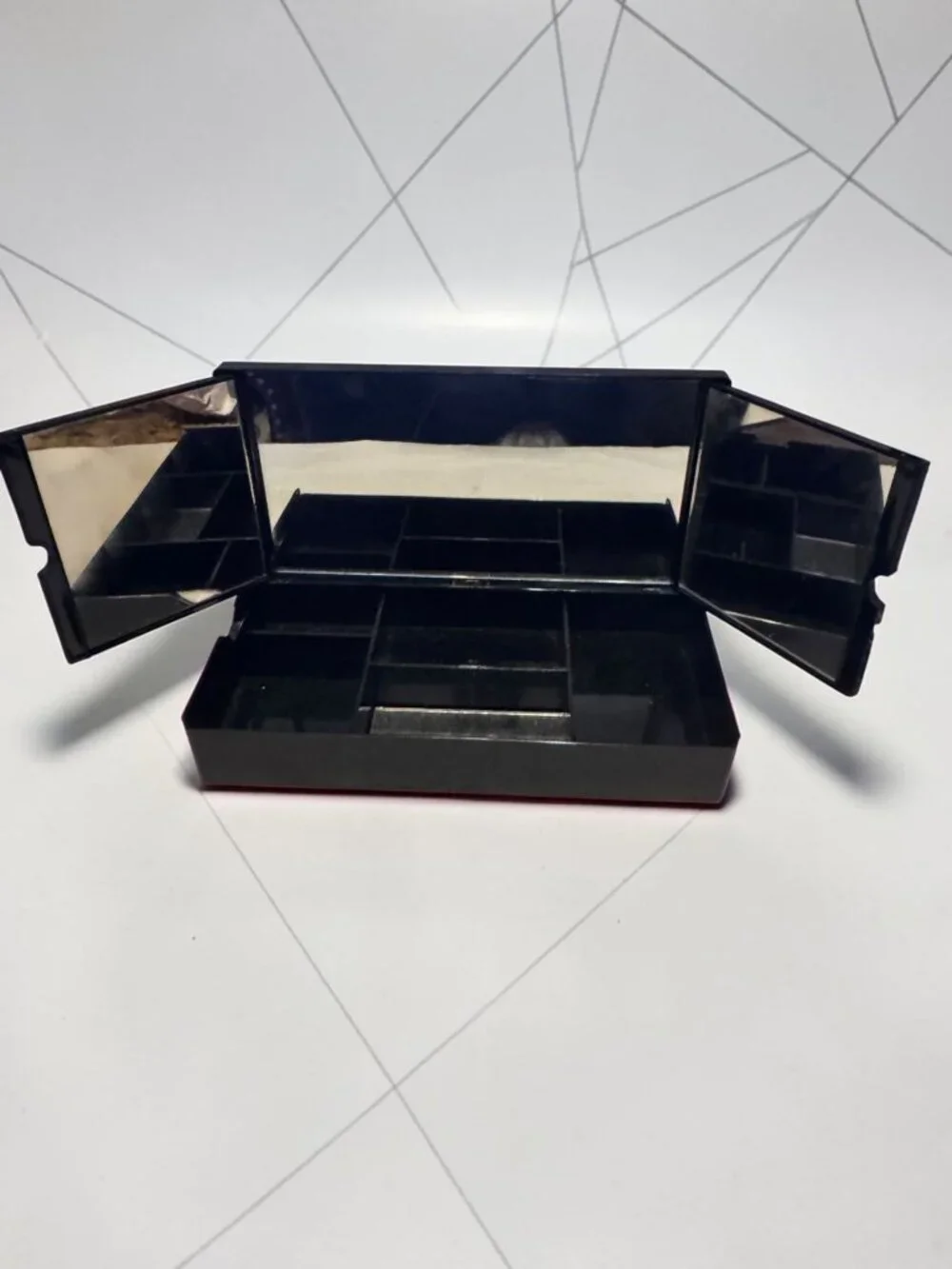Vintage Black Faux Lacquer/Plastic Tri-Folding Mirror Jewelry or Trinket Box